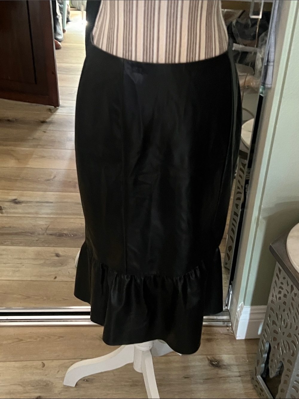 NWT. Armani Exchange, size 8, Black Ruffle Hem Midi Faux Leather Skirt, $170 ret